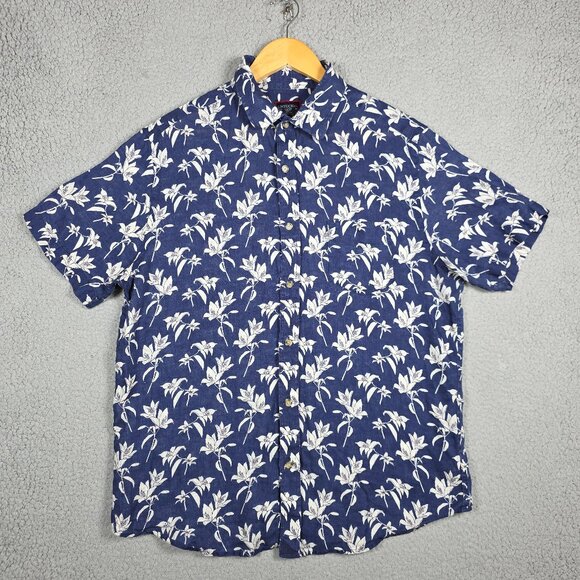 Untuckit Shirt Mens Size Large Slim Fit Navy Floral Butt Down Beach 100% Linen - Picture 1 of 9